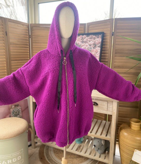 Veste à capuche moumoute Sherpa Aubergine du 38 au 48/50 et même +