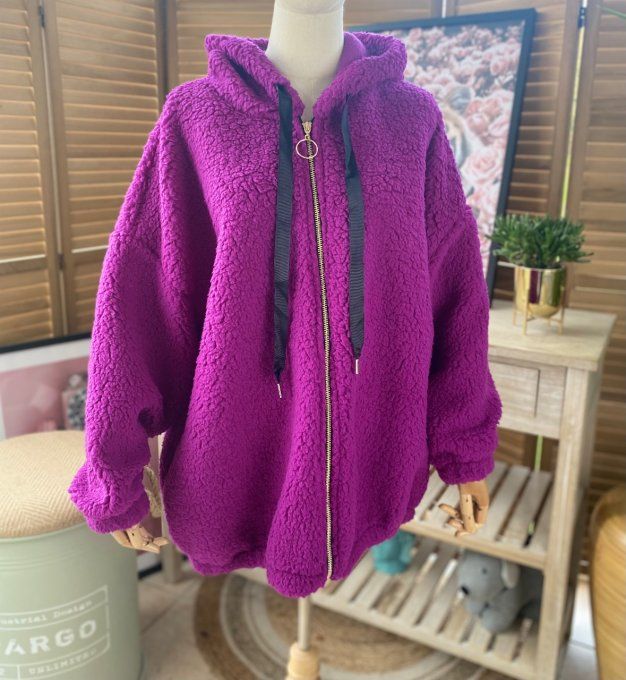 Veste à capuche moumoute Sherpa Aubergine du 38 au 48/50 et même +