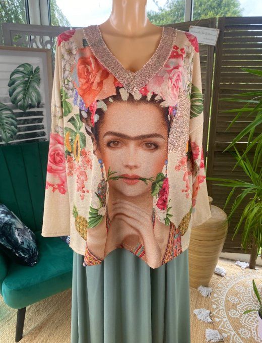 Top beige pailleté lurex doré or Frida Kahlo revisitée sequins dorés du 40 au 50/52