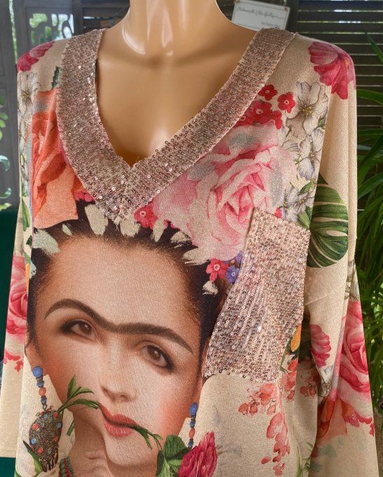 Top beige pailleté lurex doré or Frida Kahlo revisitée sequins dorés du 40 au 50/52