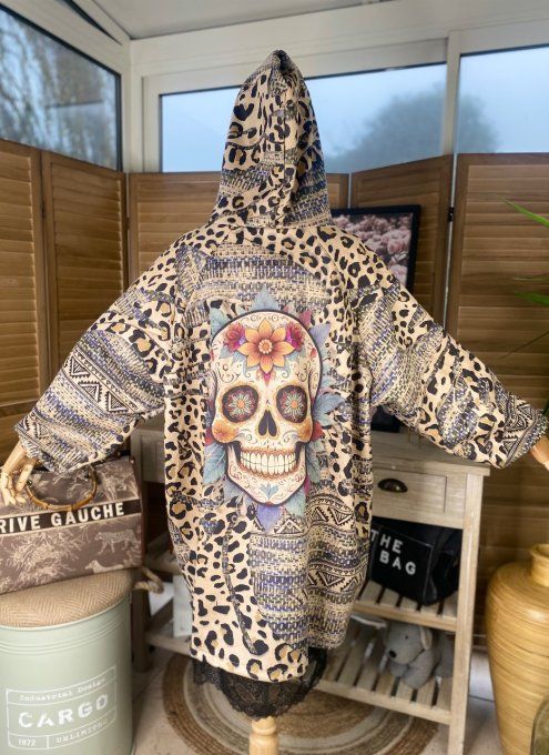 veste à capuche suédine noire léopard Mexican Skulls Calavera du 42 au 52