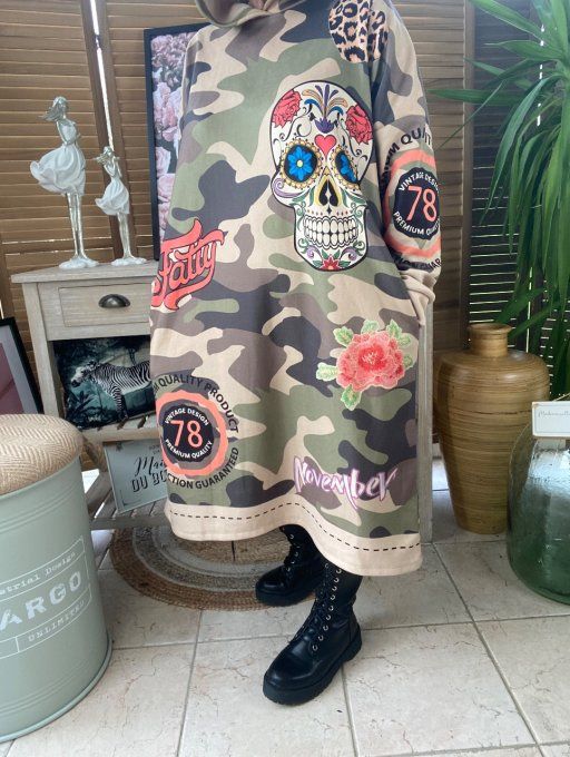 Maxi-Robe à capuche  suédine camouflage molletonnée Mexican Skulls du 42 au 52