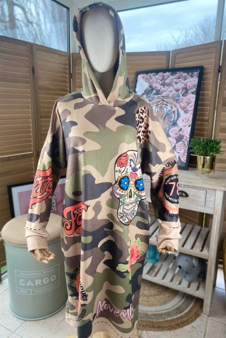 Maxi-Robe à capuche  suédine camouflage molletonnée Mexican Skulls du 42 au 52