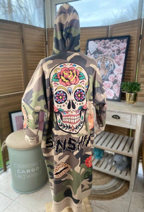 Maxi-Robe à capuche  suédine camouflage molletonnée Mexican Skulls du 42 au 52