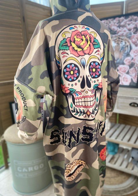 Maxi-Robe à capuche  suédine camouflage molletonnée Mexican Skulls du 42 au 52