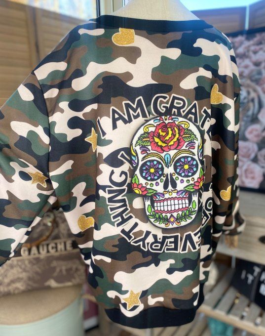 Sweat ample col V manches longues camouflage Mexican Skulls Calavera du 38 au 48/50 