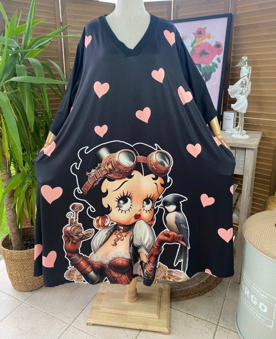 Robe trapèze longue ample noire Betty Boop Steampunk du 42 au 54/56 et +  