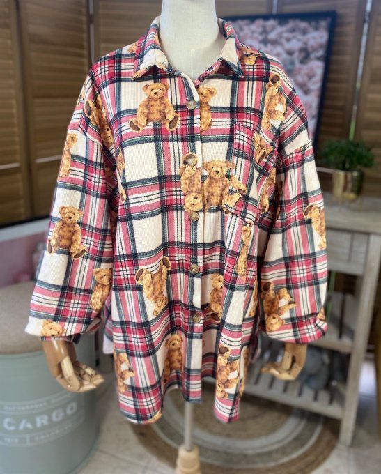 Chemise ample velours beige Tartan carreaux Old School Teddy Bears du 38 au 48/50