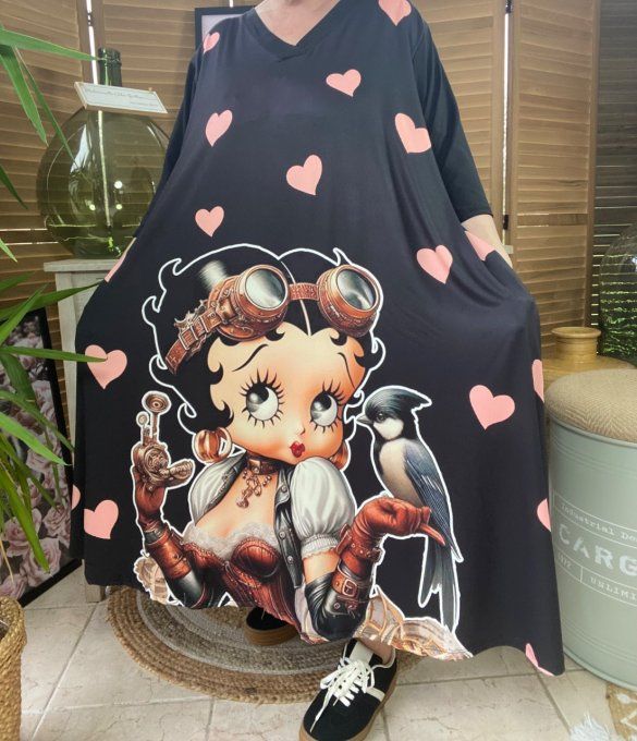 Robe trapèze longue ample noire Betty Boop Steampunk du 42 au 54/56 et +  