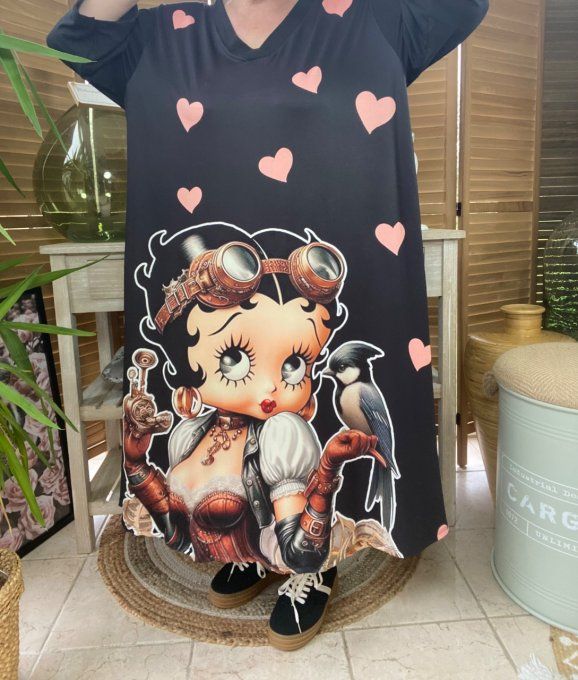 Robe trapèze longue ample noire Betty Boop Steampunk du 42 au 54/56 et +  