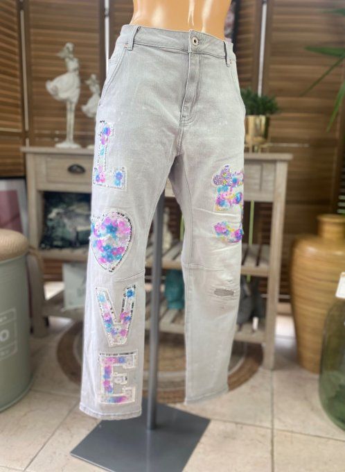 Jeans gris délavé Love N°5 Fleurs sequins multicolores taille haute stretch du 40 au 44/46