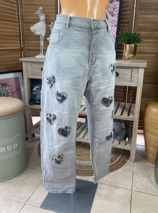 Jeans gris délavé coeurs  taille haute stretch du 40 au 46