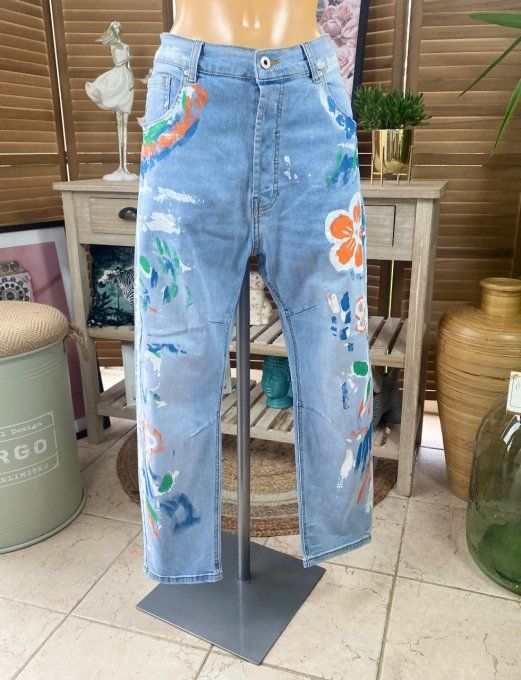 Jeans bleu stone clair délavé Painting Flowers taille haute stretch du 40 au 46