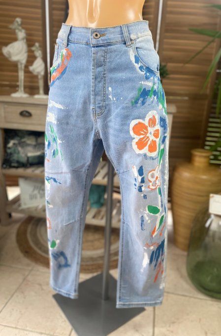 Jeans bleu stone clair délavé Painting Flowers taille haute stretch du 40 au 46