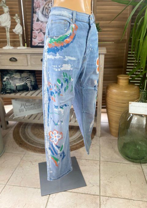 Jeans bleu stone clair délavé Painting Flowers taille haute stretch du 40 au 46