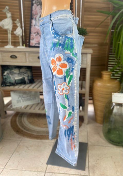 Jeans bleu stone clair délavé Painting Flowers taille haute stretch du 40 au 46