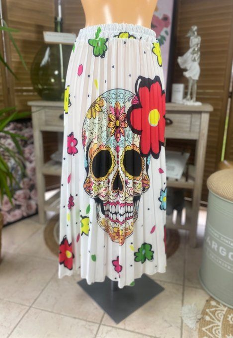 Jupe plissée longue ample blanche Mexican Skulls Calavera du 38 au 46  