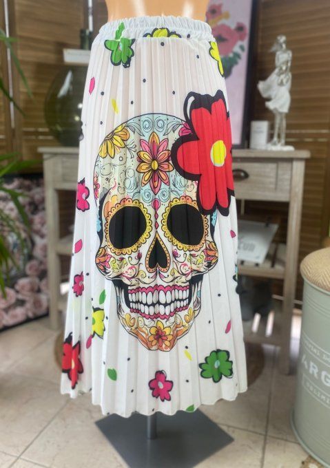 Jupe plissée longue ample blanche Mexican Skulls Calavera du 38 au 46  