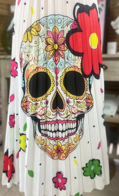 Jupe plissée longue ample blanche Mexican Skulls Calavera du 38 au 46  