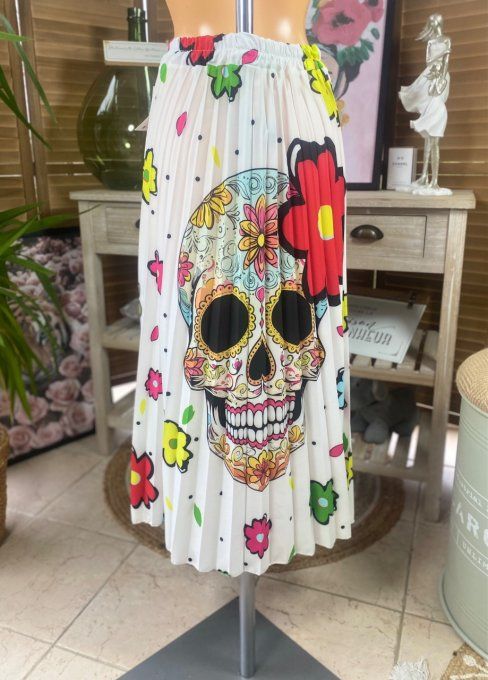 Jupe plissée longue ample blanche Mexican Skulls Calavera du 38 au 46  