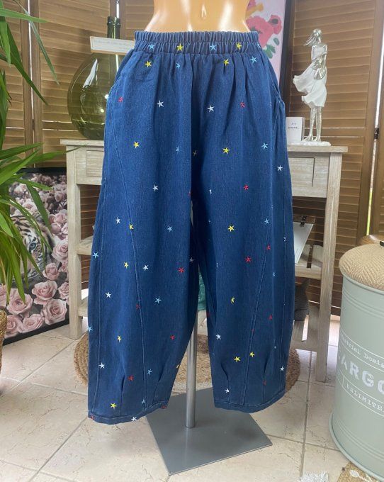 Pantalon Tenko Wide Leg jeans bleu stone foncé étoiles multicolores brodées du 40 au 46/48 