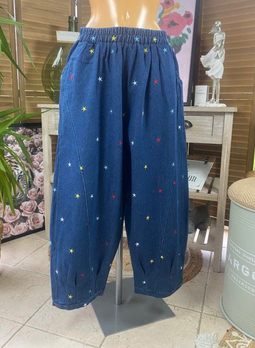 Pantalon Tenko Wide Leg jeans bleu stone foncé étoiles multicolores brodées du 40 au 46/48 