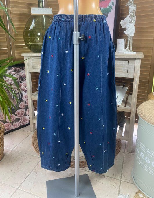 Pantalon Tenko Wide Leg jeans bleu stone foncé étoiles multicolores brodées du 40 au 46/48 