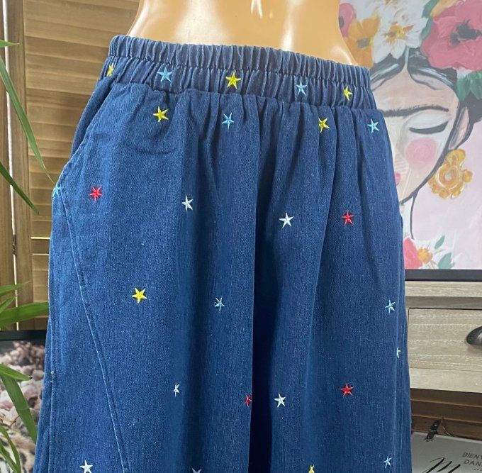 Pantalon Tenko Wide Leg jeans bleu stone foncé étoiles multicolores brodées du 40 au 46/48 