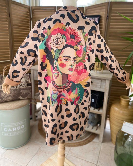 Veste longue suédine Léopard Frida Kahlo aux fleurs du 36 au 46 et même +