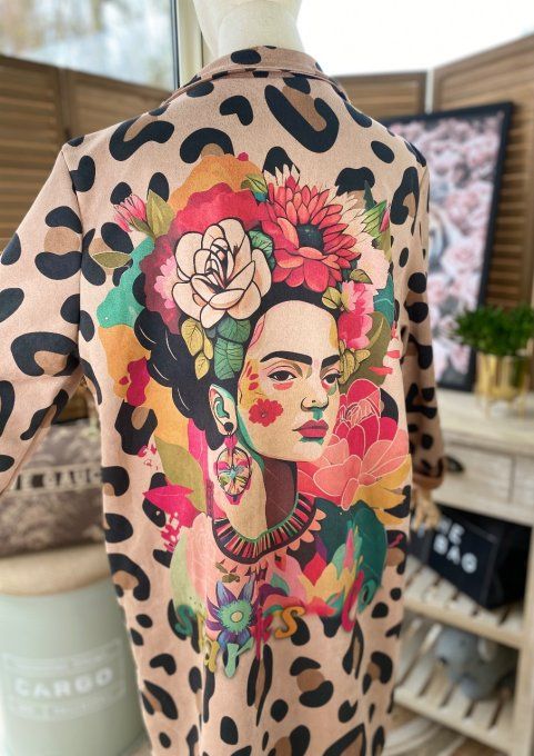 Veste longue suédine Léopard Frida Kahlo aux fleurs du 36 au 46 et même +