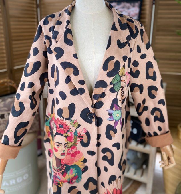 Veste longue suédine Léopard Frida Kahlo aux fleurs du 36 au 46 et même +