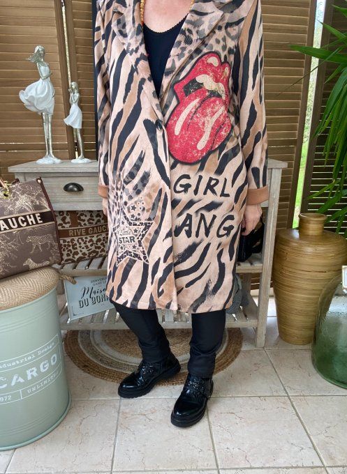 Veste longue suédine zébrée Rolling Stones Girl Gang du 38 au 46 et même + 