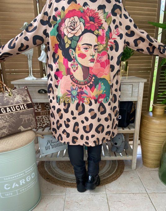 Veste longue suédine Léopard Frida Kahlo aux fleurs du 36 au 46 et même +