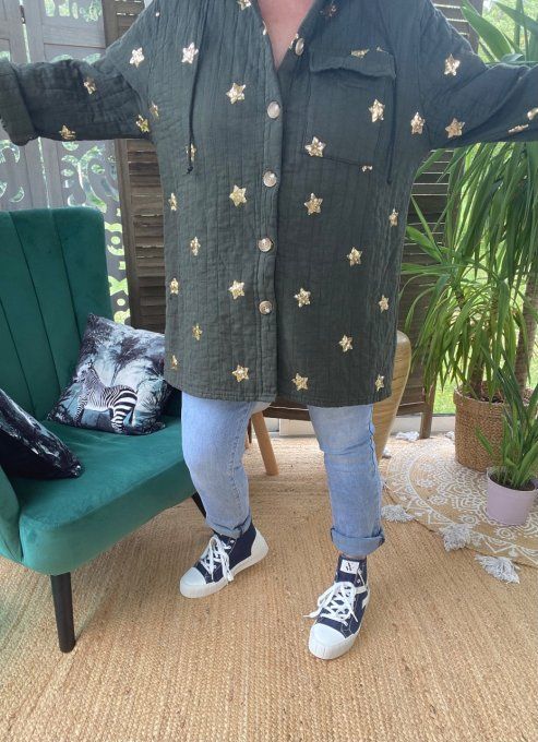 Manteau court coton matelassé kaki étoiles sequins dorés or du 38 au 48 