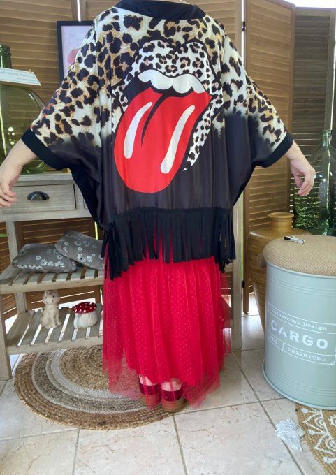 Kimono court Léopard franges noires Rolling Stones du 42 au 54 et même +  