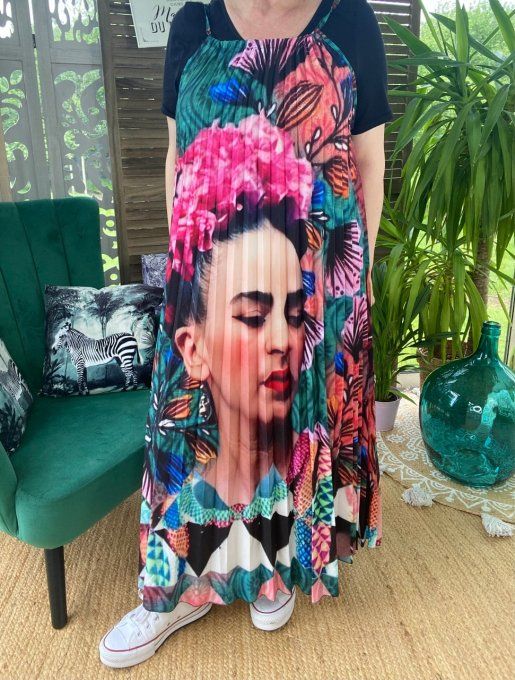 Robe longue plissée bretelles ajustables Frida Kahlo couronne de fleurs du 38 au 48/50