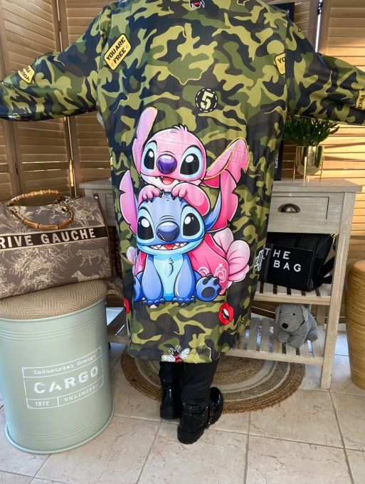 coupe-vent à capuche long ajustable camouflage Lilo & Stitch du 38 au 50 et même +