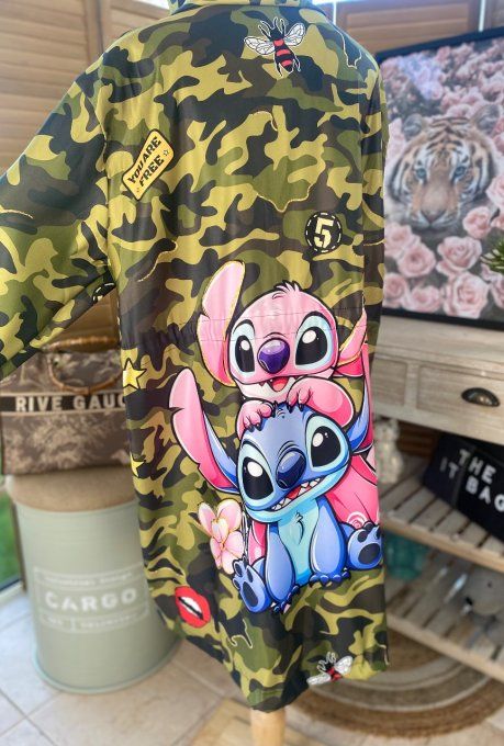 coupe-vent à capuche long ajustable camouflage Lilo & Stitch du 38 au 50 et même +