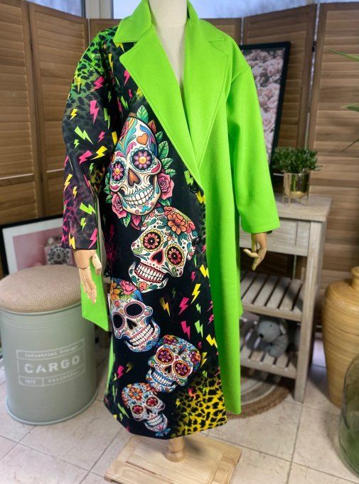 Manteau long oversize doublé sans laine vert pomme Mexican Skulls Calavera du 40 au 50 et +