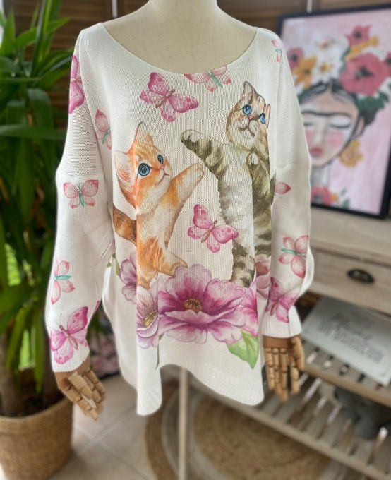 Pull de printemps ample écru Les Petits Chats du 40 au 48