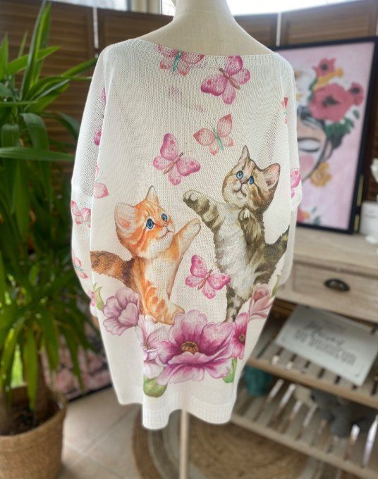 Pull de printemps ample écru Les Petits Chats du 40 au 48