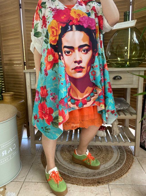 Tunique trapèze oversize multicolore Frida Kahlo aux fleurs du 42 au 54/56