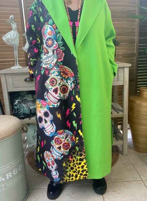 Manteau long oversize doublé sans laine vert pomme Mexican Skulls Calavera du 40 au 50 et +