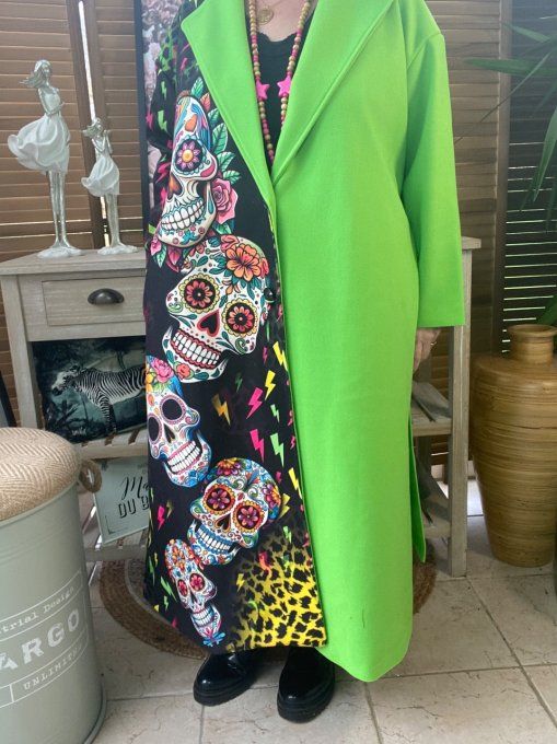 Manteau long oversize doublé sans laine vert pomme Mexican Skulls Calavera du 40 au 50 et +