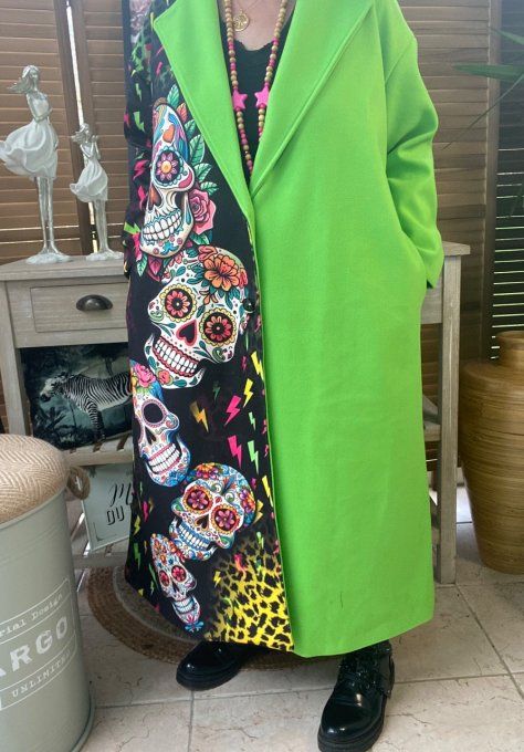 Manteau long oversize doublé sans laine vert pomme Mexican Skulls Calavera du 40 au 50 et +