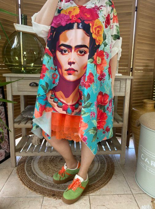 Tunique trapèze oversize multicolore Frida Kahlo aux fleurs du 42 au 54/56