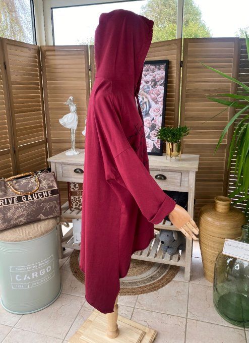 Tunique trapèze à capuche oversize asymétrique Bordeaux pailletée dorée du 42 au 52/54