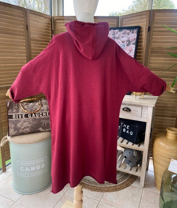 Tunique trapèze à capuche oversize asymétrique Bordeaux pailletée dorée du 42 au 52/54