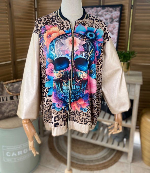 Blouson bombers simili-cuir doré mexican skulls du 40 au 50 et + 