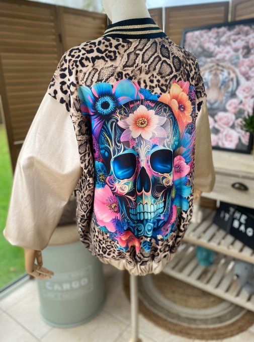 Blouson bombers simili-cuir doré mexican skulls du 40 au 50 et + 